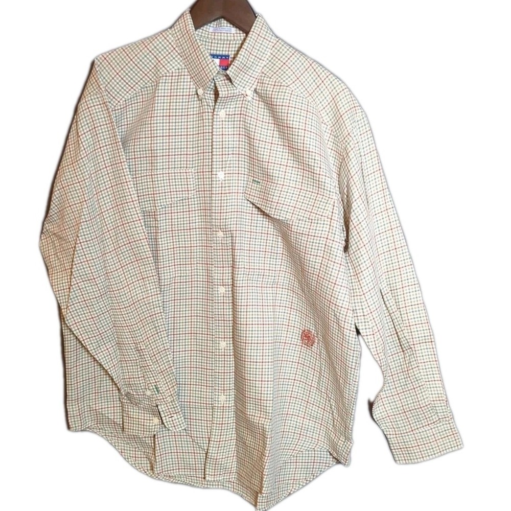 VTG Tommy Hilfiger Y2K Preppy Plaid Shirt Men's Medium Crest Logo Made Hong Kong